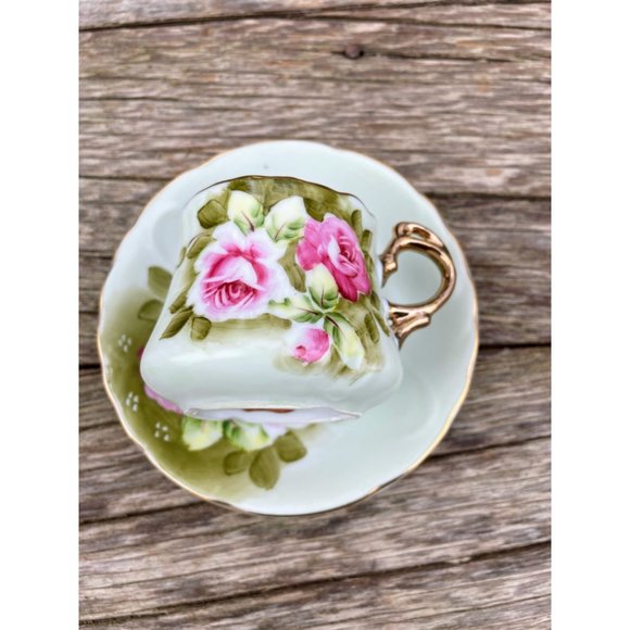 Vintage Lefton Heritage Rose Hand Painted Green Demitasse Cup Saucer - Picture 8 of 11